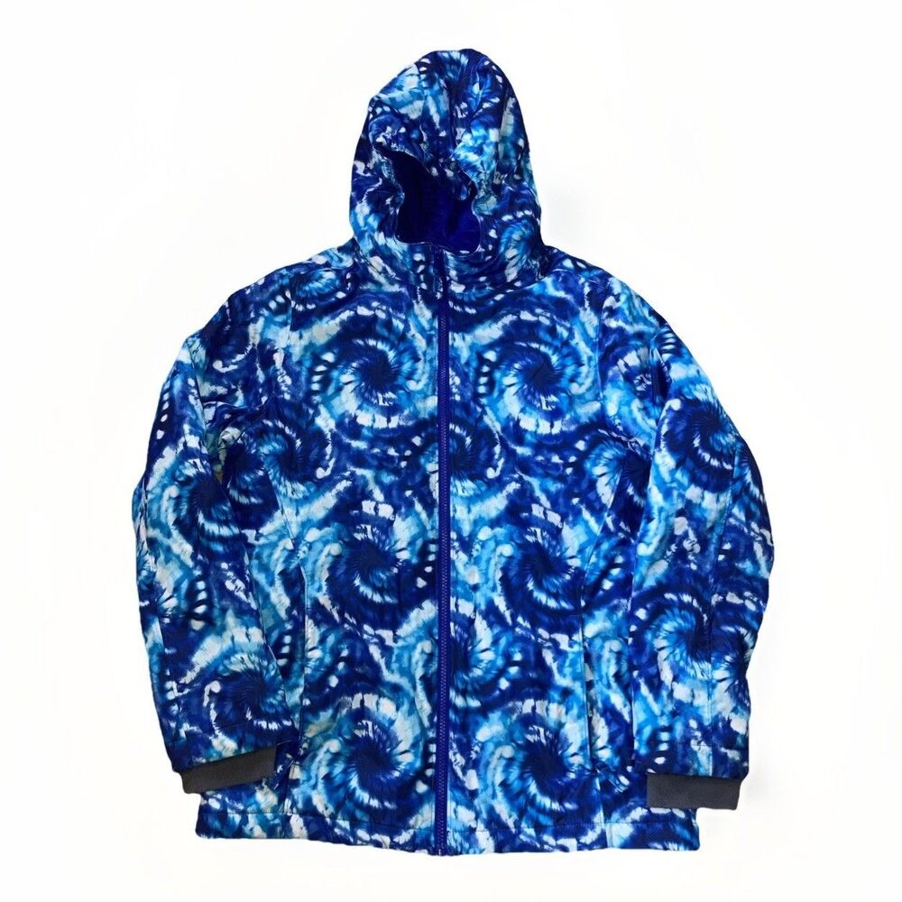 Lands End Kids XL 14-16 Blue Tie Dye Swirl Hooded Puffer Jacket School Outerwear
